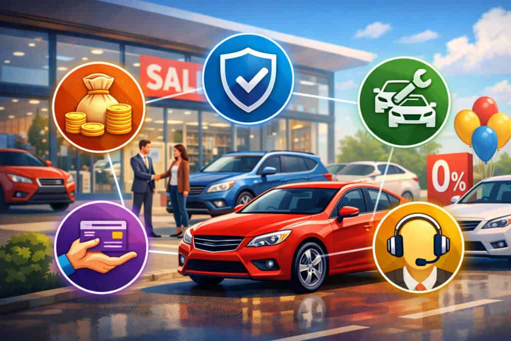 Modern new car dealership showroom scene with sales representative and customer, surrounded by icons representing profit growth, financing options, warranty protection, vehicle maintenance, and customer support