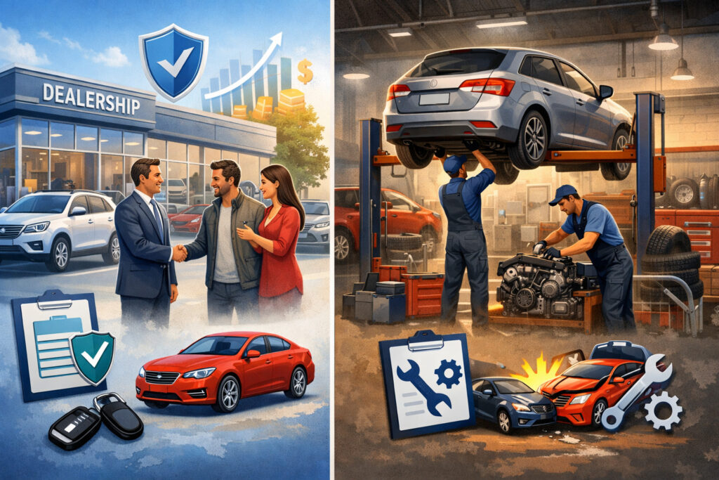 Split illustration comparing car dealership insurance and auto repair shop insurance, featuring a car showroom with sales interaction on one side and a busy auto repair garage with mechanics and tools on the other