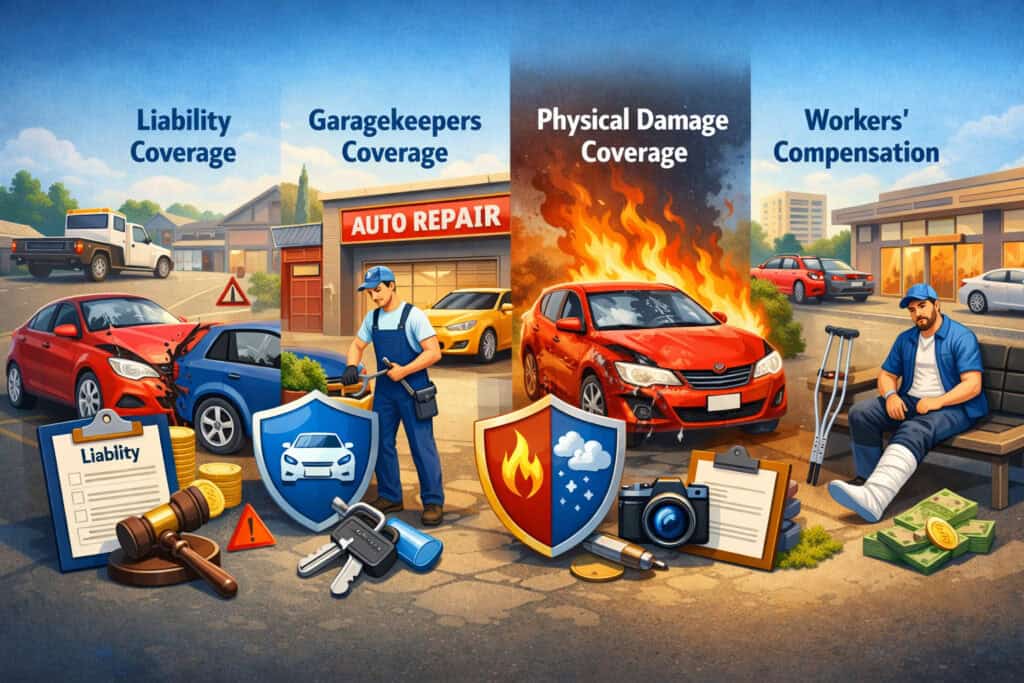 Automotive business insurance illustration showing liability coverage, garagekeepers protection, vehicle damage, and workers compensation in an auto repair setting