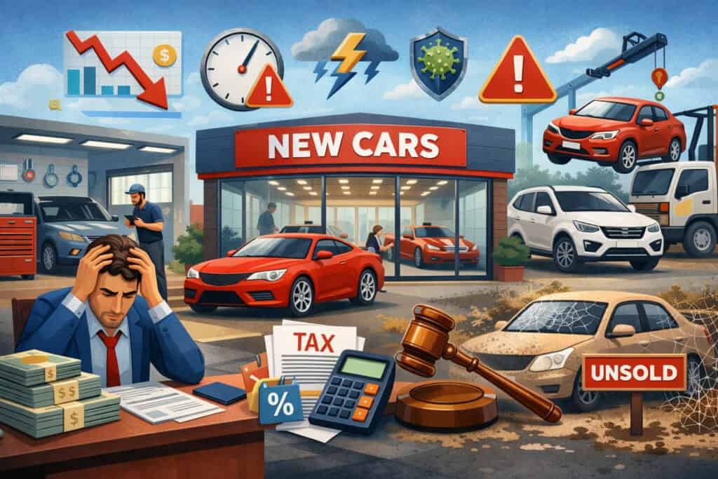 Illustration showing challenges of a new car dealership business including financial losses, unsold inventory, taxes, market risks, and operational stress in a car showroom setting