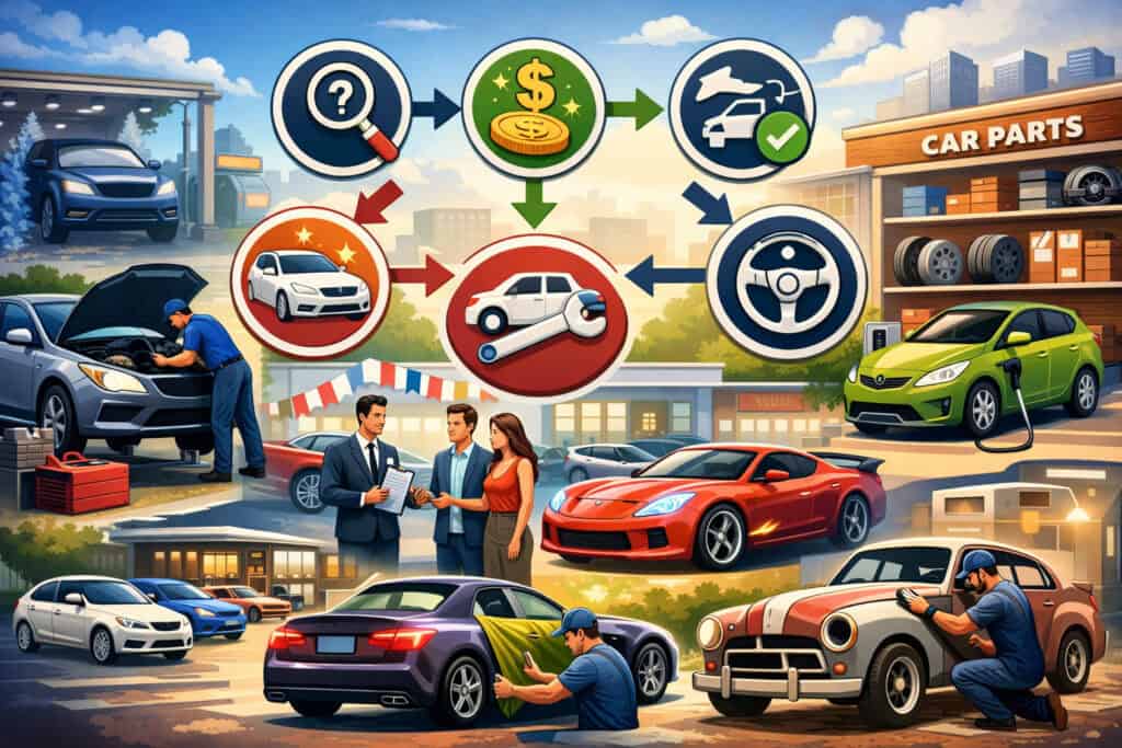 Illustration showing different automotive business niches including car repair, dealership sales, auto detailing, parts store, electric vehicle charging, and classic car restoration in a city setting
