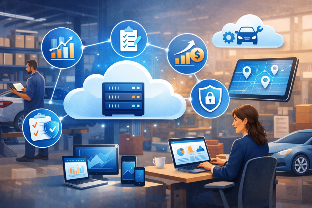 Cloud software for auto businesses showing connected systems, data analytics, inventory management, security, and remote access in an automotive workshop and office environment