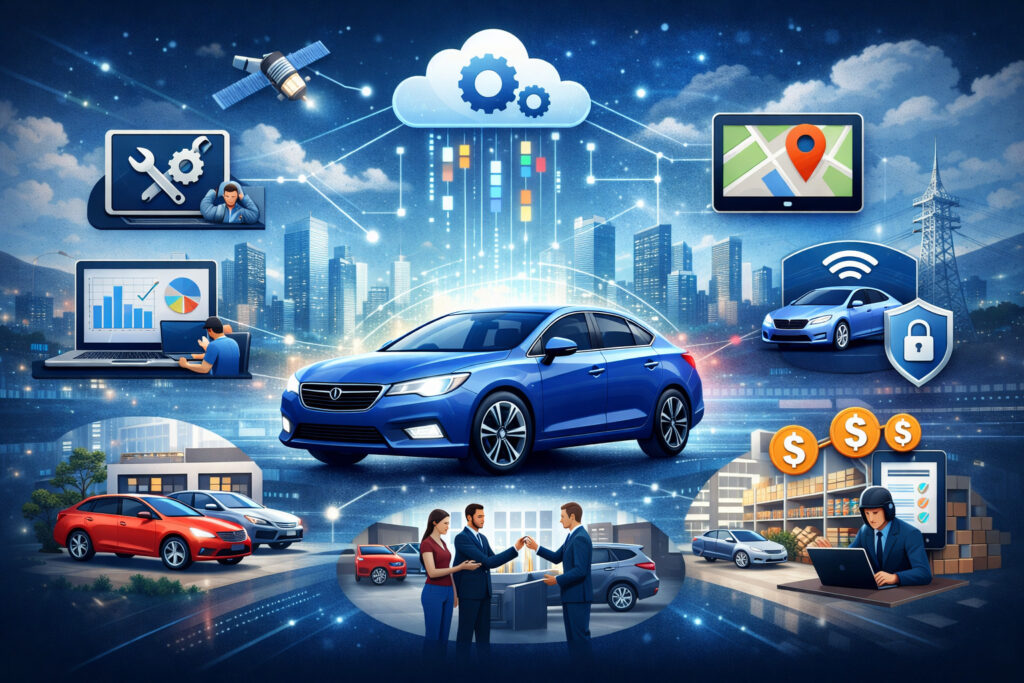 Futuristic automotive cloud software illustration showing connected cars, cloud computing, data analytics dashboards, navigation systems, security icons, and digital dealership and fleet management concepts in a smart city environment