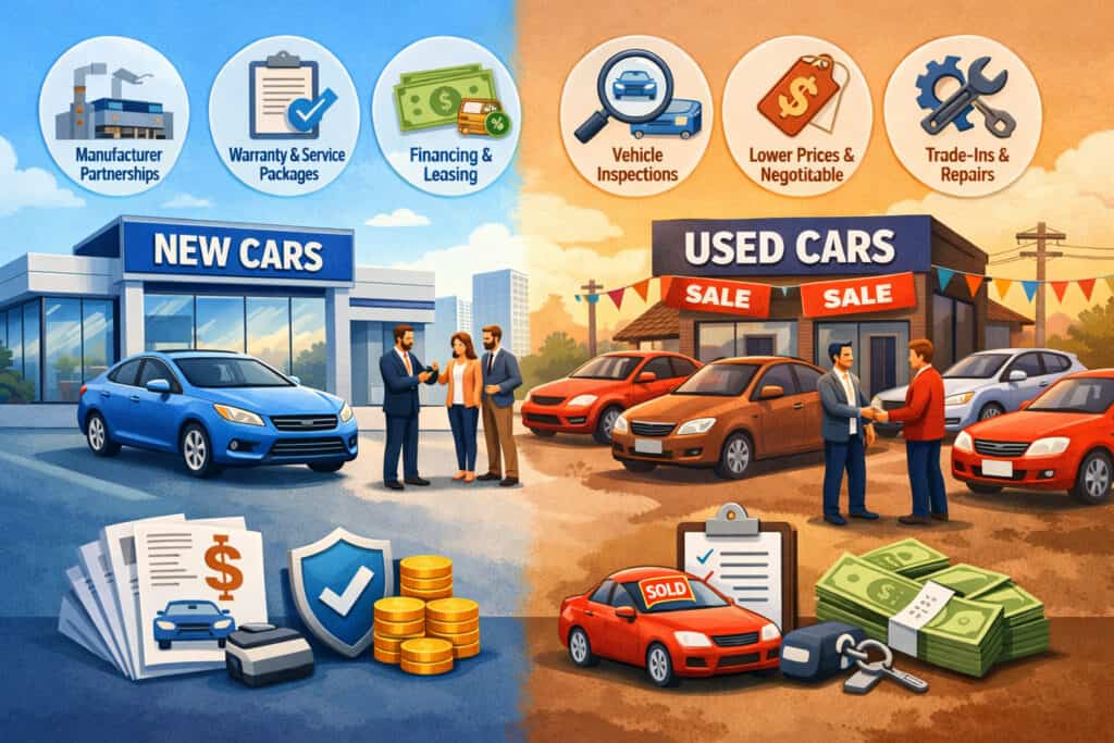 Illustration comparing new car dealership and used car lot business models with vehicles, sales interactions, financing, inspections, and service icons in a split layout