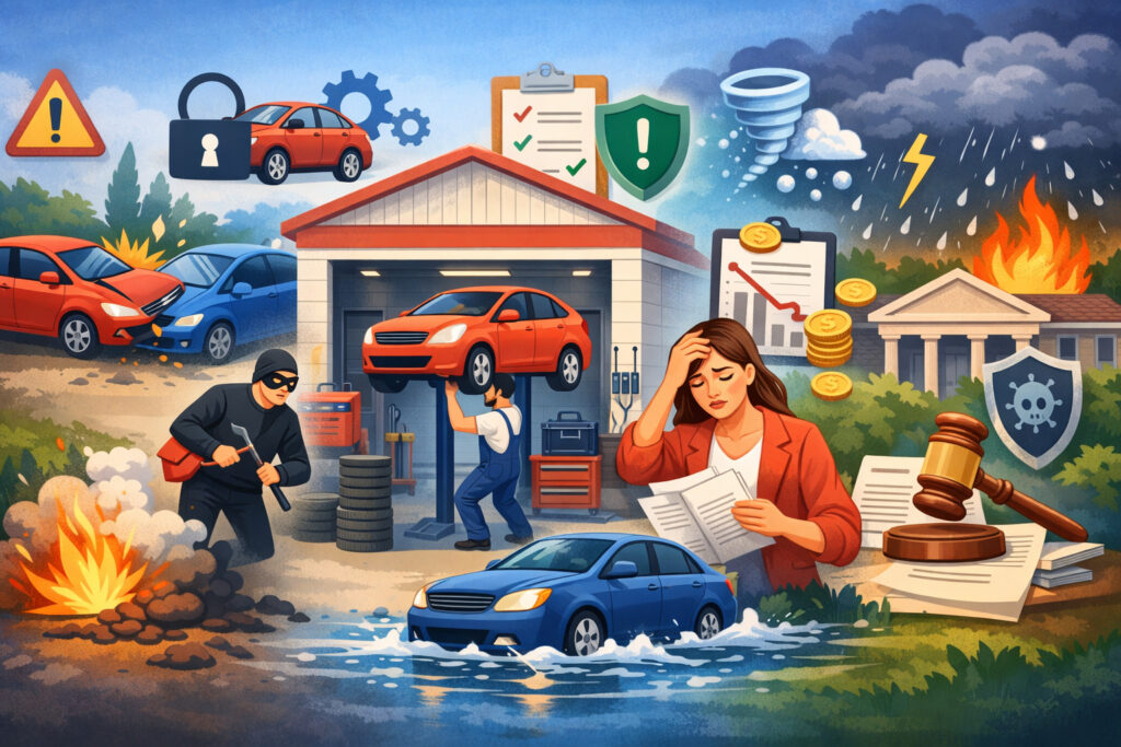 Illustration of an automotive repair shop surrounded by risks including vehicle accidents, theft, mechanical repairs, financial losses, legal issues, and extreme weather events