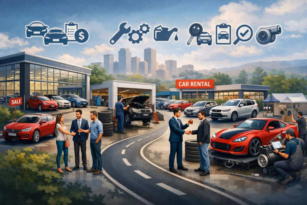 Illustration of different automotive businesses including car dealership, auto repair shop, car rental service, and vehicle tuning garage connected by a roadway with service icons above