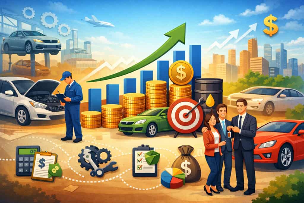 Automotive business profitability concept illustration with mechanic inspecting car, dealership sale, financial growth chart, and revenue icons symbolizing profit and operations