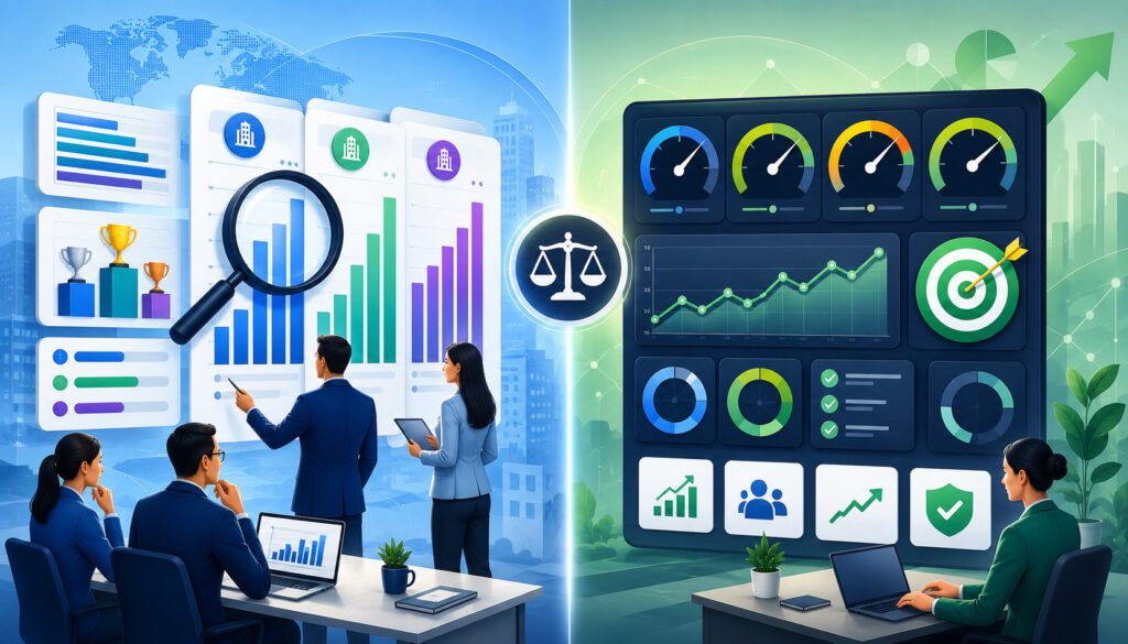 Benchmarking and KPI dashboard comparison illustration