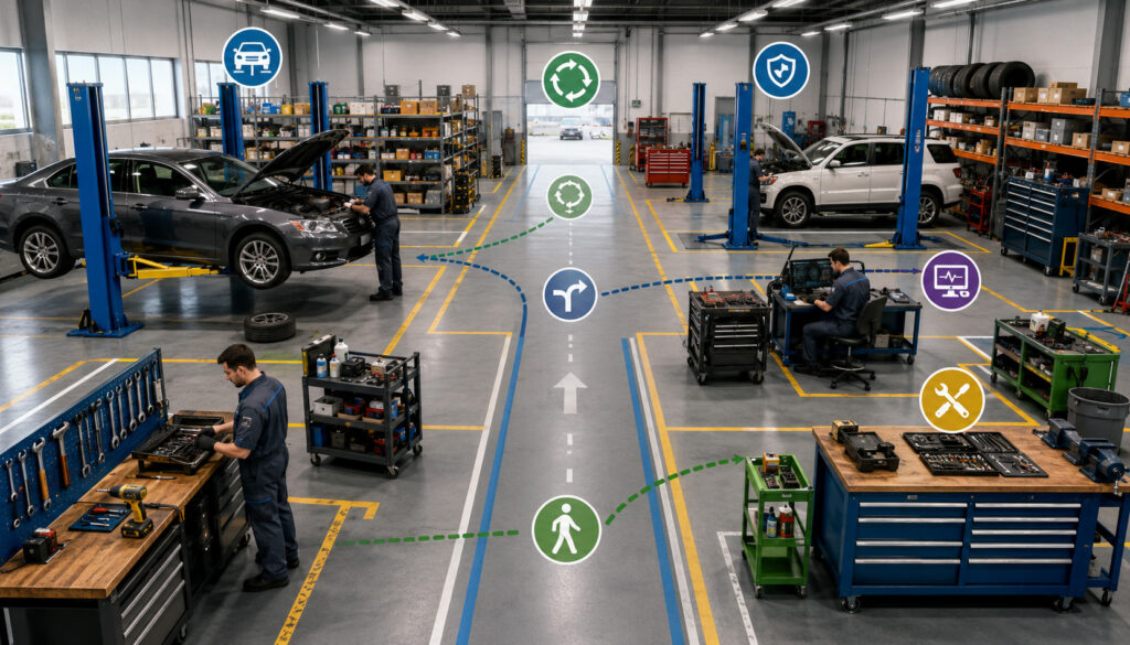 Organized automotive workshop layout with service bays and workflow icons