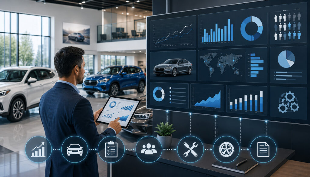 Dealership analytics dashboard with cars and business intelligence icons