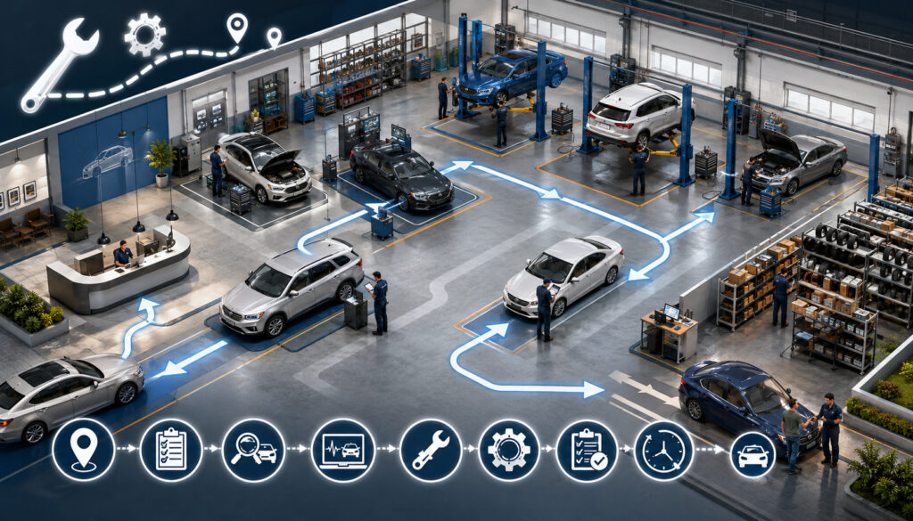 Efficient service bay layout in an automotive workshop
