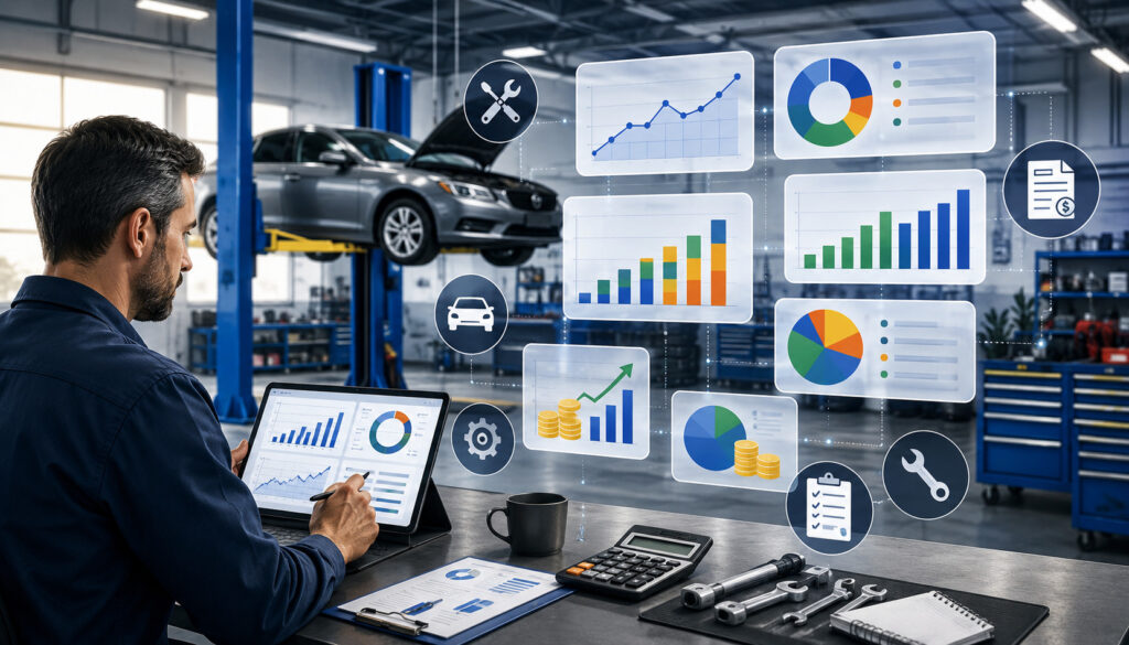 Auto repair shop financial analytics dashboard illustration