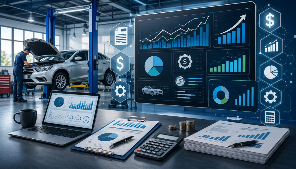Financial analytics dashboard in an automotive repair shop