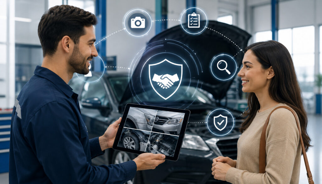 Mechanic showing digital vehicle inspection to customer in auto repair shop