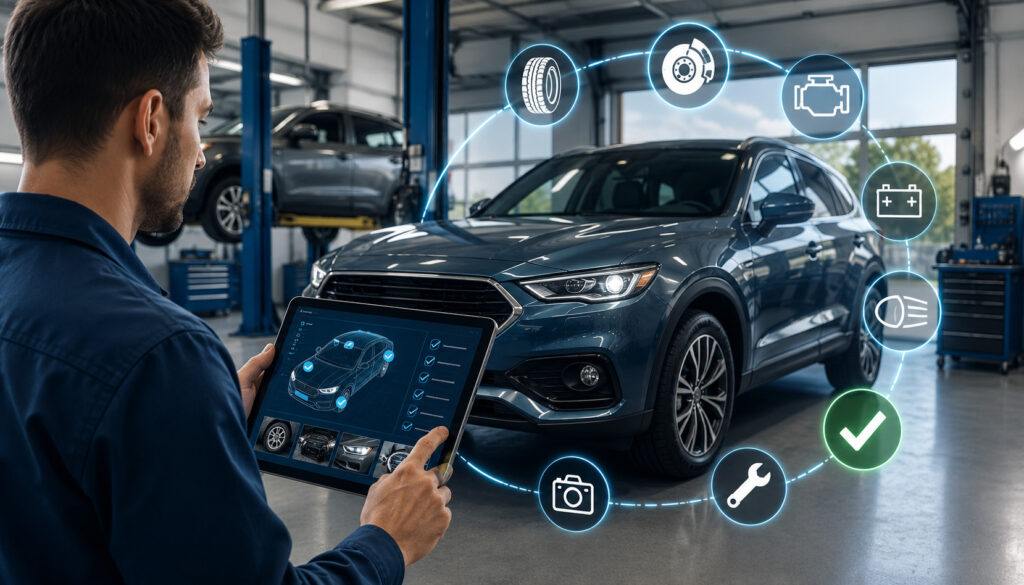 Digital vehicle inspection with mechanic using tablet in auto repair shop