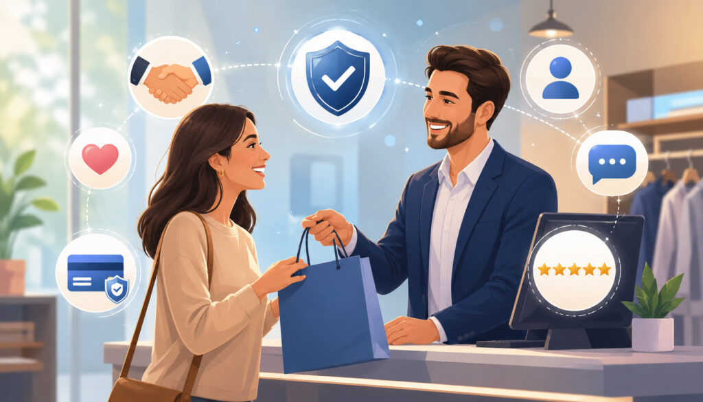 Happy customer service interaction with trust and support icons