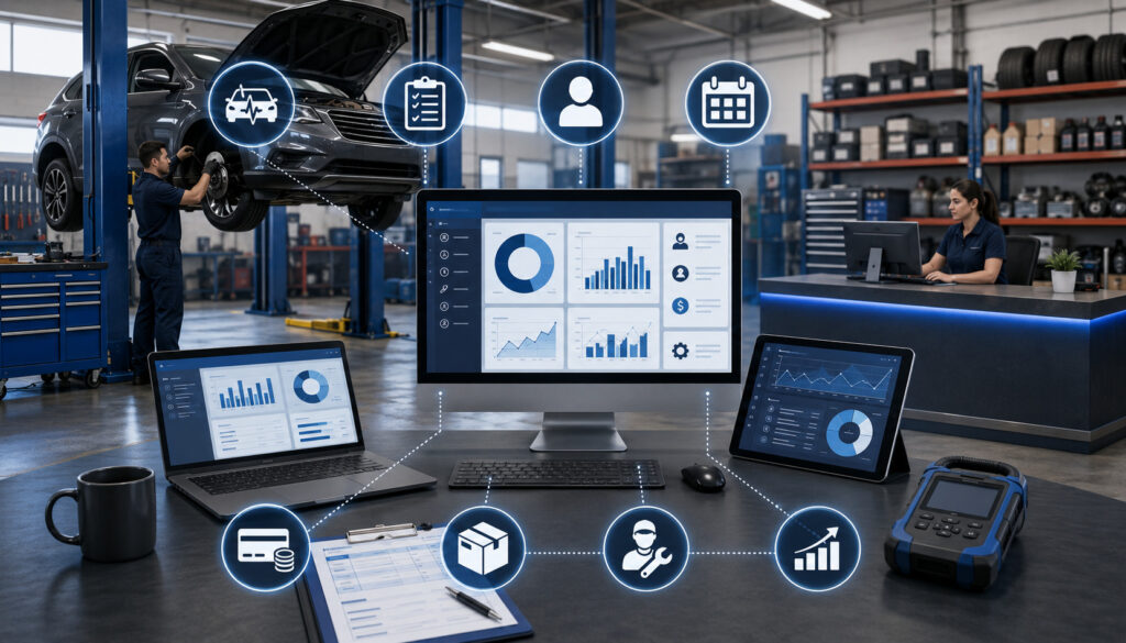 Automotive shop data sources dashboard illustration