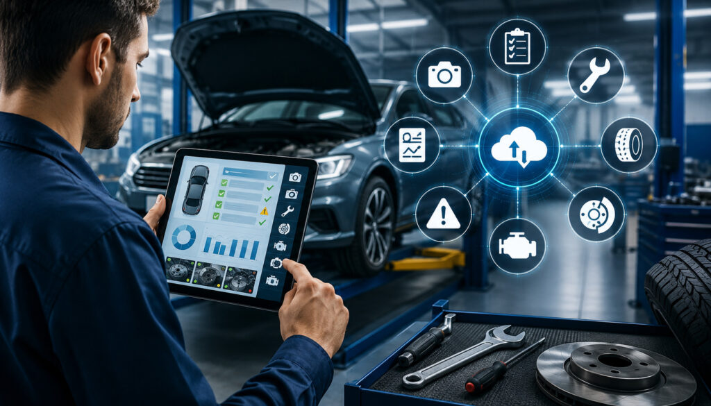 Digital vehicle inspection software in auto repair shop