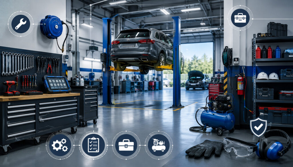 Organized automotive service bay with tools and equipment readiness icons