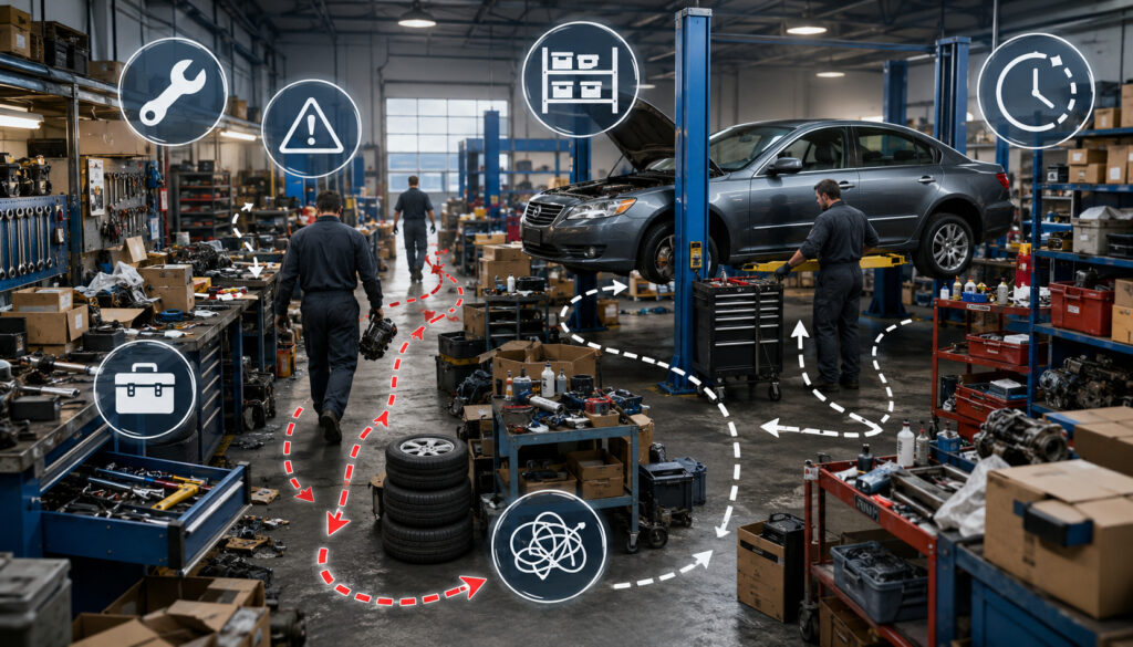 Cluttered auto workshop with inefficient layout and workflow issues