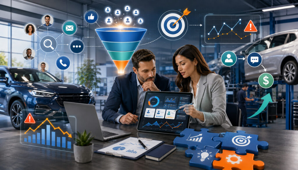 Automotive marketing team analyzing lead generation strategies and campaign performance