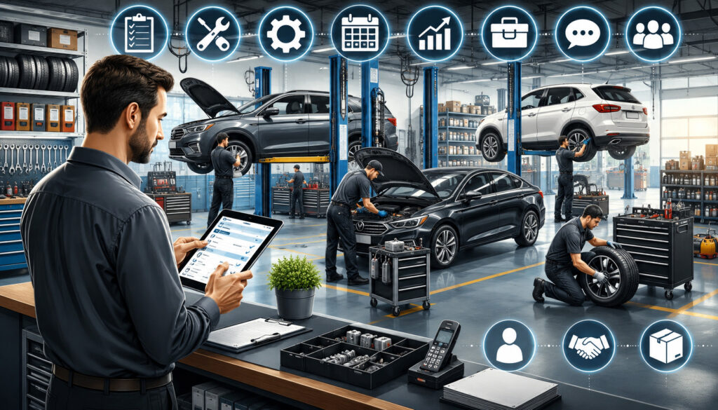 Auto repair shop manager overseeing technicians and daily operations