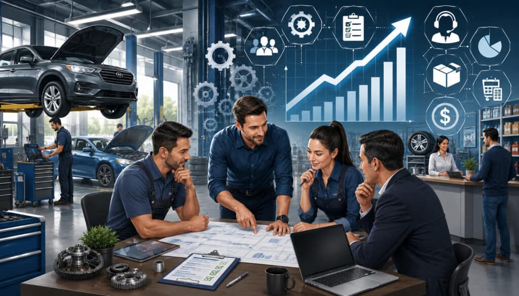 Automotive team planning business growth in a modern repair shop