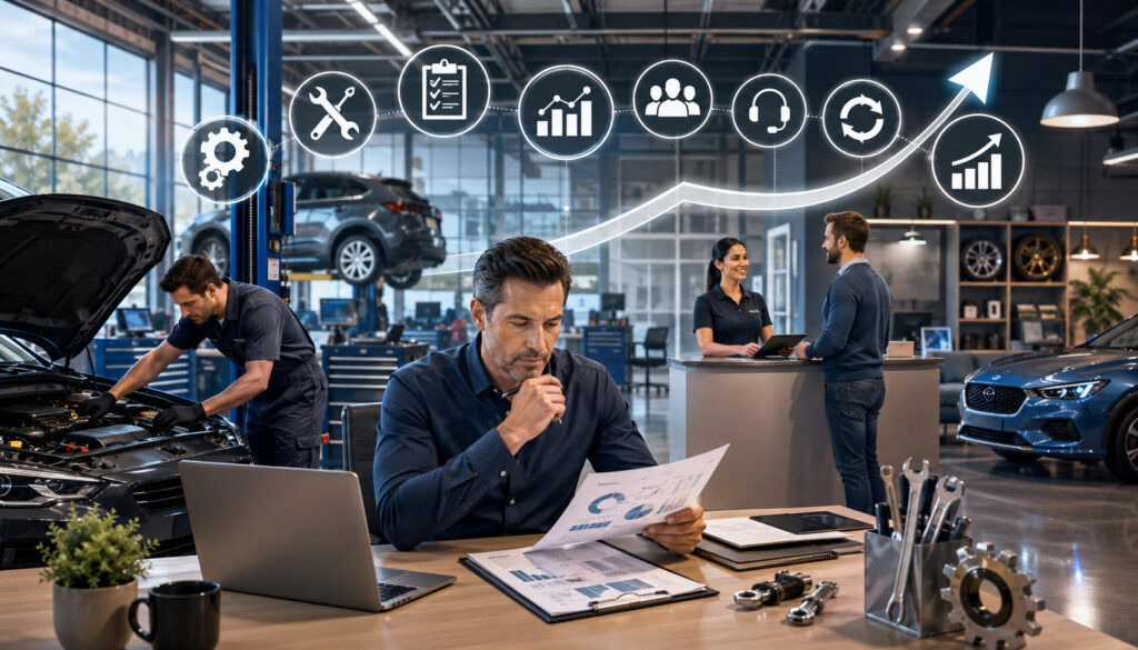 Automotive business owner solving challenges with growth strategies and teamwork