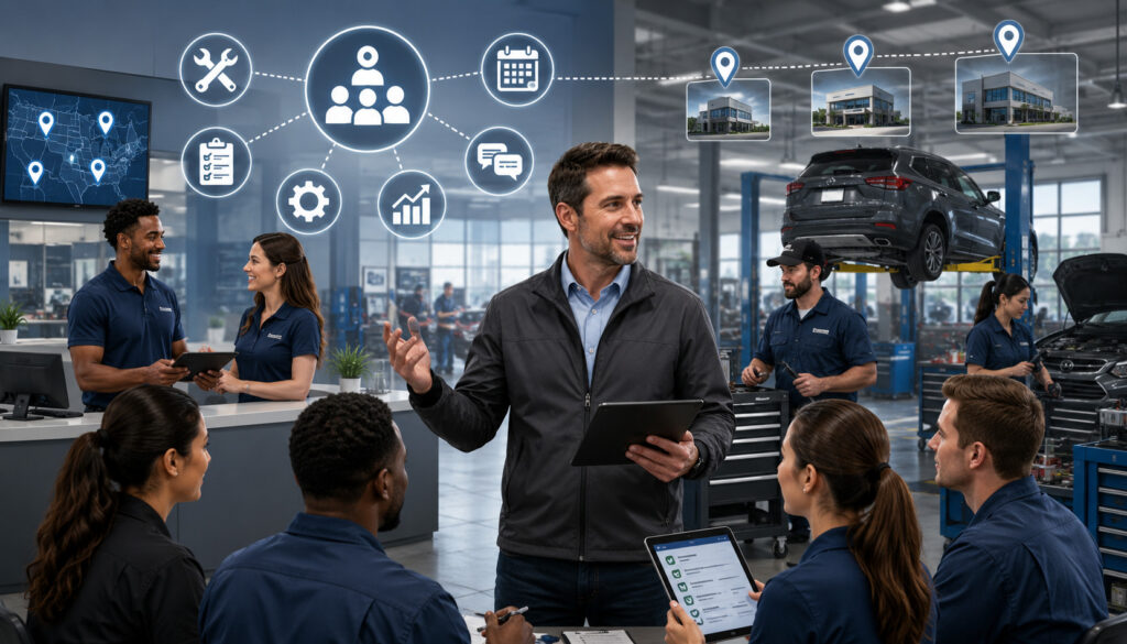 Automotive manager leading a team meeting in a modern service center