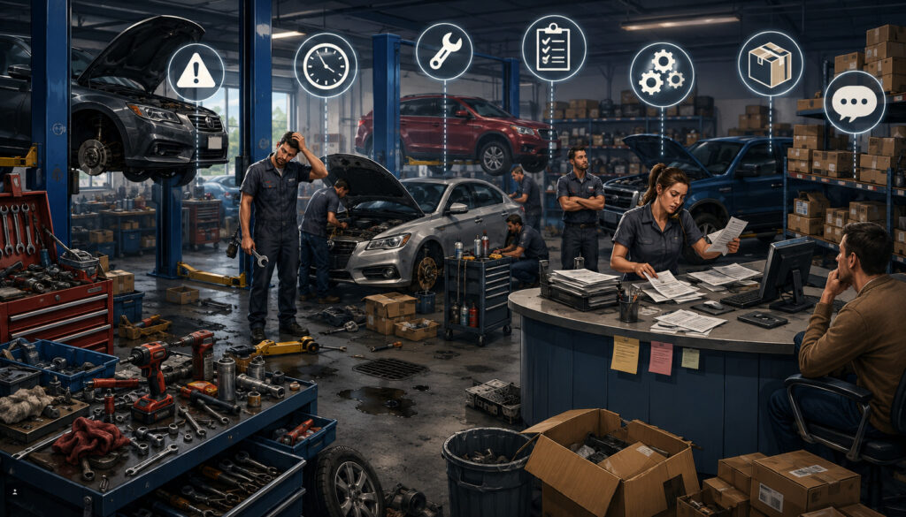 Disorganized auto repair shop with workflow delays, clutter, and stressed staff