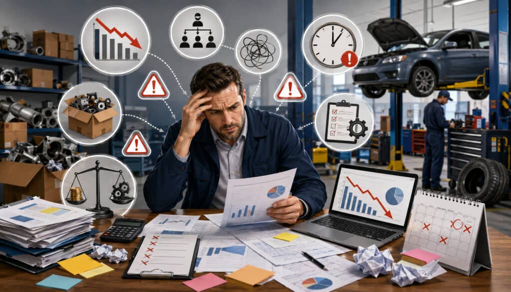 Stressed auto shop owner reviewing common automotive business planning mistakes