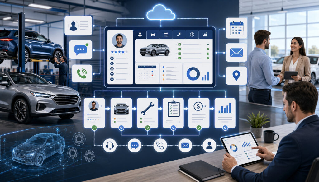 Automotive CRM dashboard connecting customer, vehicle, service, and sales data