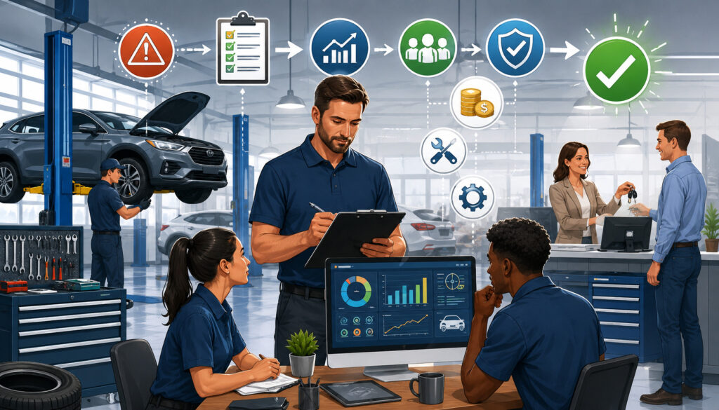 Automotive business team reviewing operations to avoid common mistakes