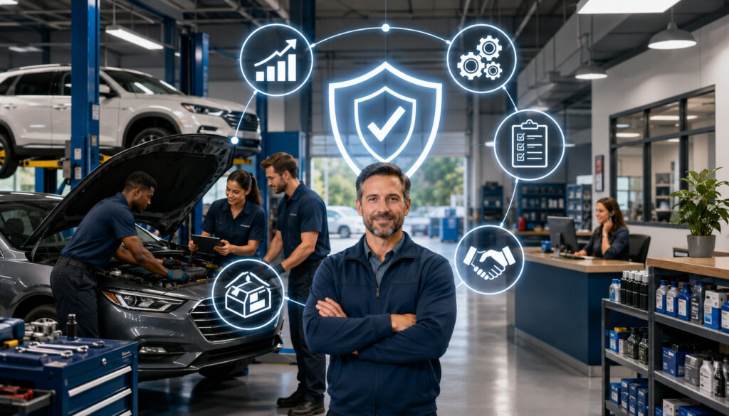 Automotive business owner and team building a resilient repair shop