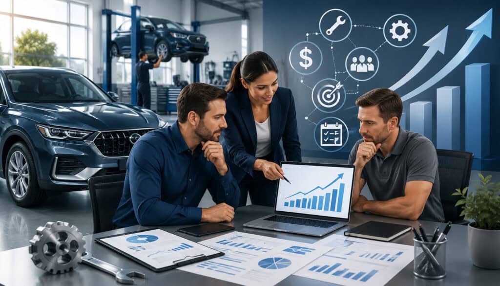 Automotive business team reviewing a growth plan in a modern service center