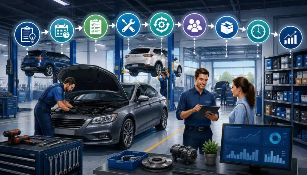 Mechanics improving auto repair shop operations with organized workflow tools and technology