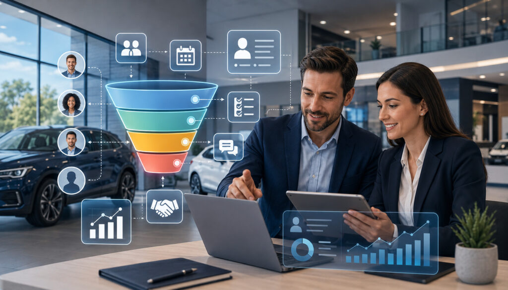 Dealership sales team managing leads with CRM pipeline tools
