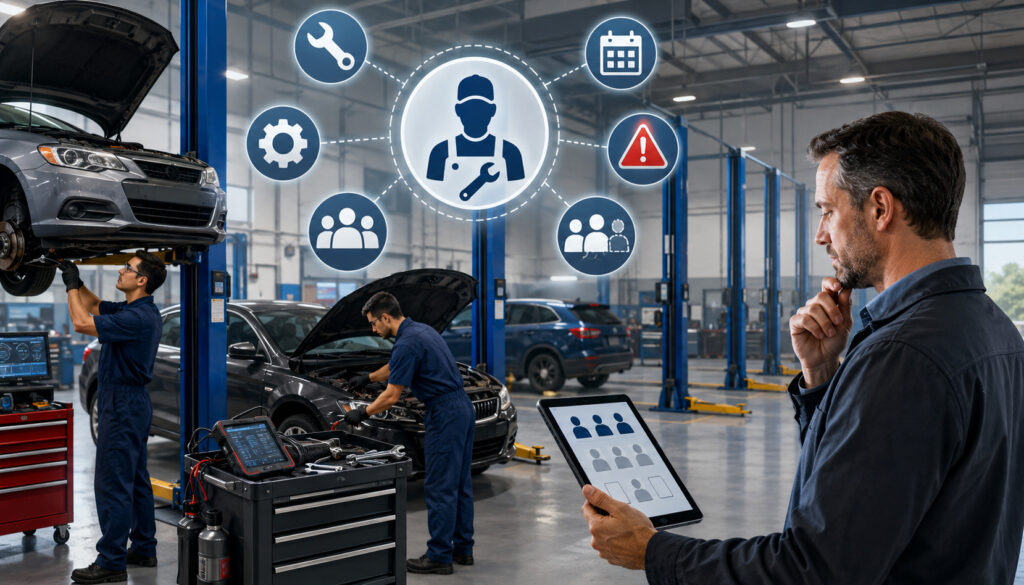 Auto repair manager reviewing staffing shortages as technicians service vehicles