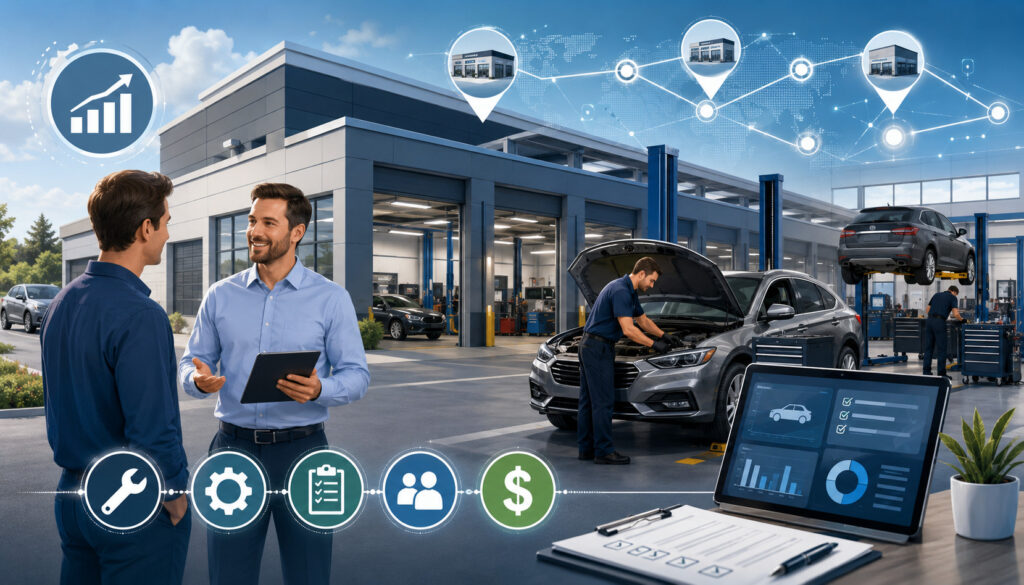 Automotive franchise service center with mechanics, customers, and business management icons