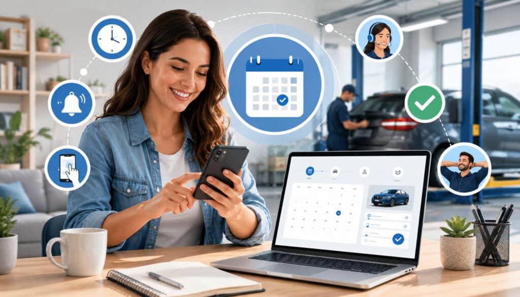 Customer booking an automotive service appointment online using a smartphone and laptop