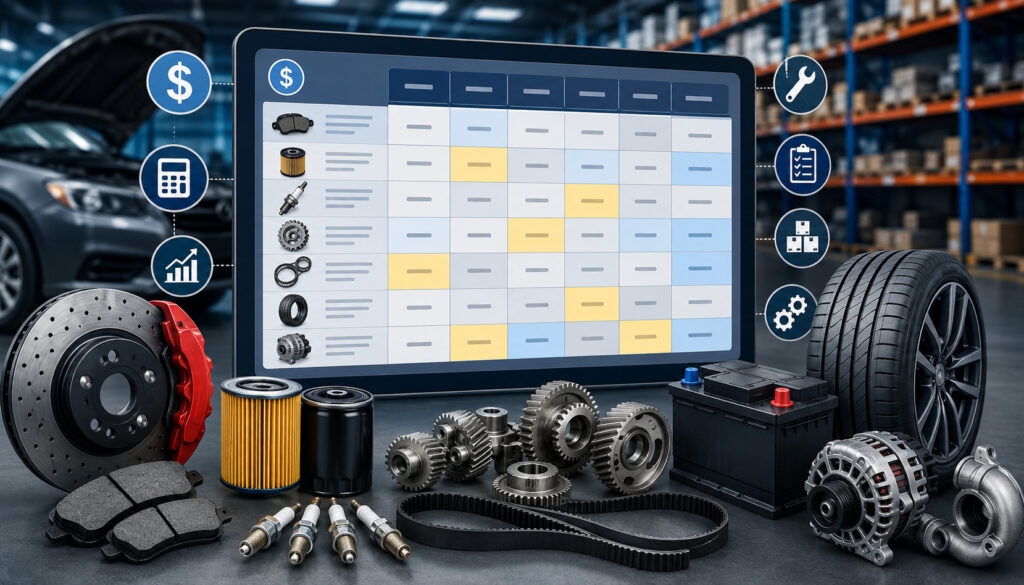 Automotive parts pricing matrix with inventory, analytics icons, and vehicle components