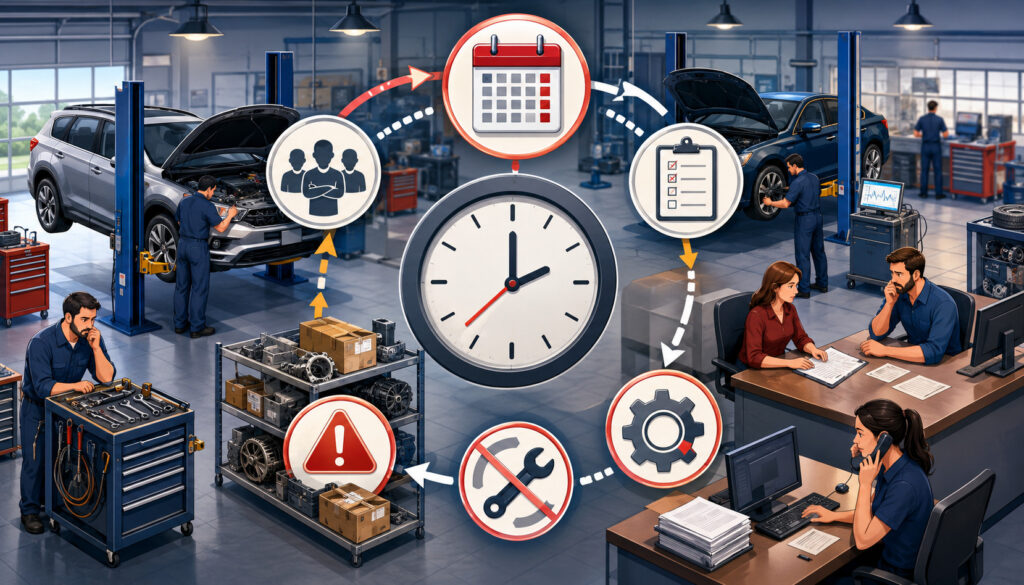 Auto repair shop delays caused by parts, scheduling, staffing, and workflow bottlenecks