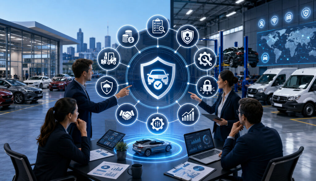 Automotive professionals creating a risk management framework in a modern service facility
