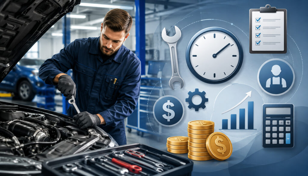 Automotive technician calculating effective hourly rate in a repair shop