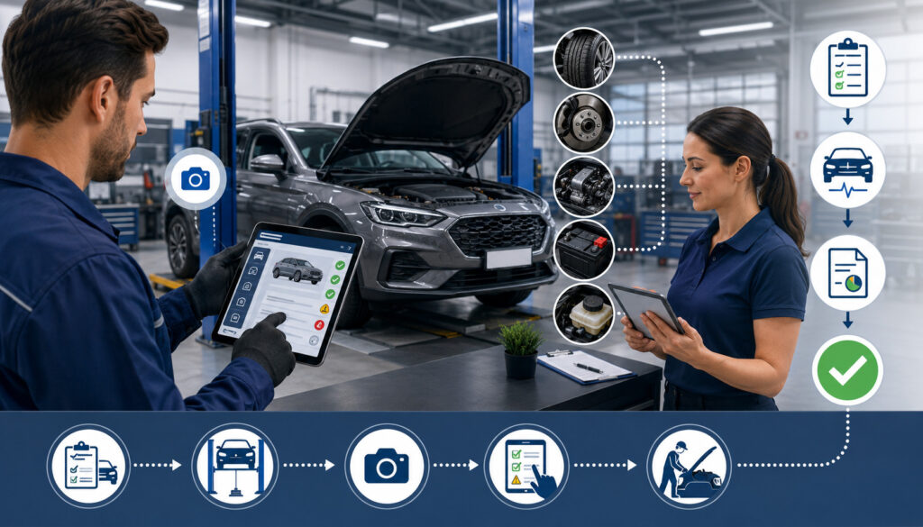 Technician performing a digital vehicle inspection using a tablet in an auto repair shop