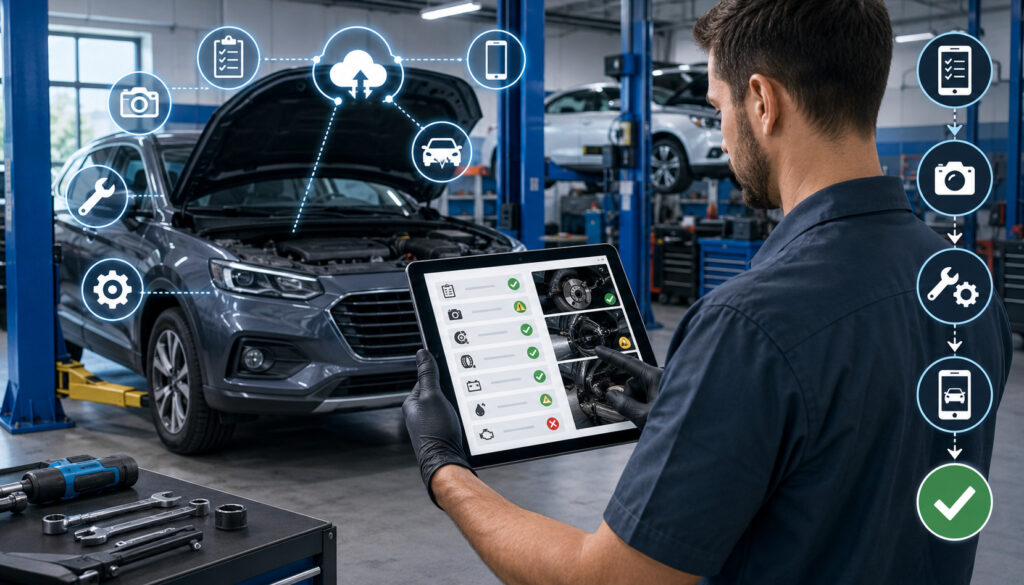 Technician performing a digital vehicle inspection with a tablet in an auto repair shop