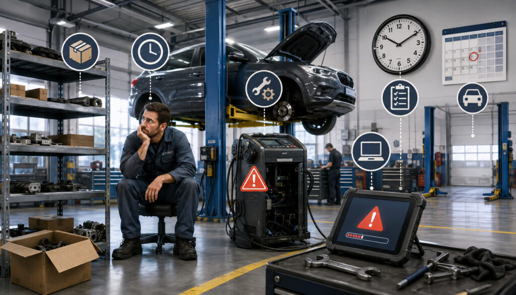 Mechanic facing parts shortages, equipment failure, and scheduling delays in an auto repair shop