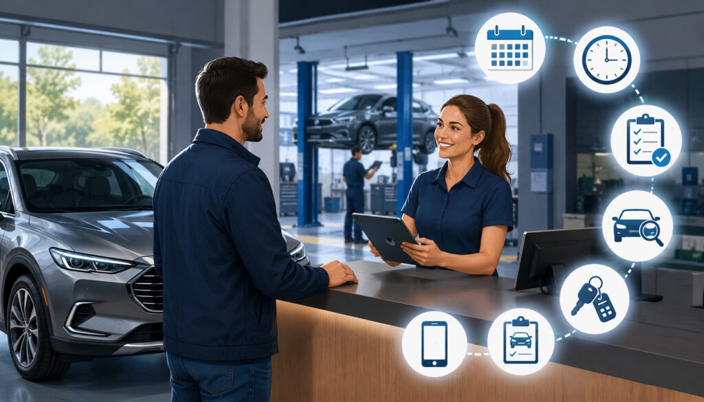 Customer checking in a vehicle with a service advisor using digital scheduling tools