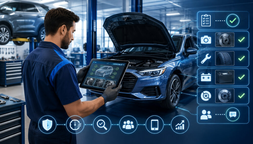 Technician performing a digital vehicle inspection with a tablet