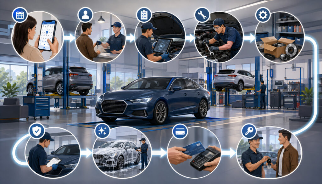Complete vehicle service workflow from scheduling and inspection to repair, payment, and customer handover